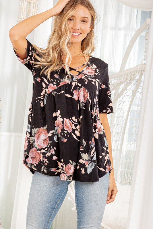 Heimish Full Size Crisscross Neck Floral Babydoll Top Plus Size - Love Salve